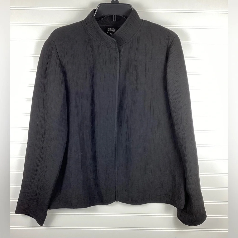 Eileen Fisher Jacket Womens Black Textured Crepe Rayon/Silk Blazer Size Small